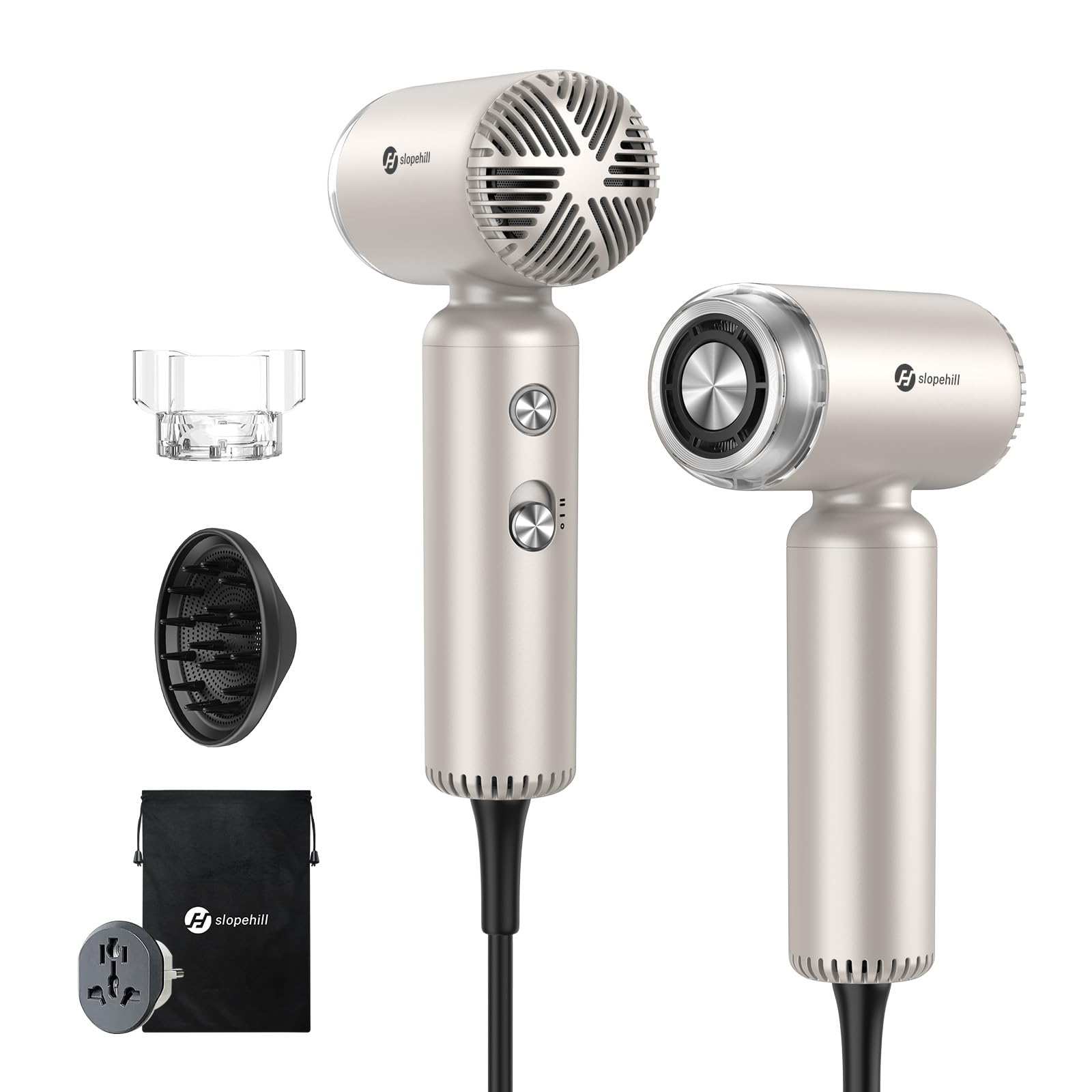 slopehill travel dual voltage hair dryer front view shows compact design for on-the-go styling