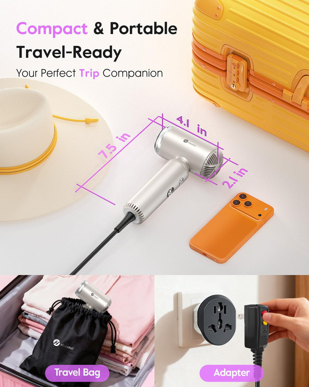 slopehill travel dual voltage hair dryer travel-bag shows organized packing for on-the-go styling