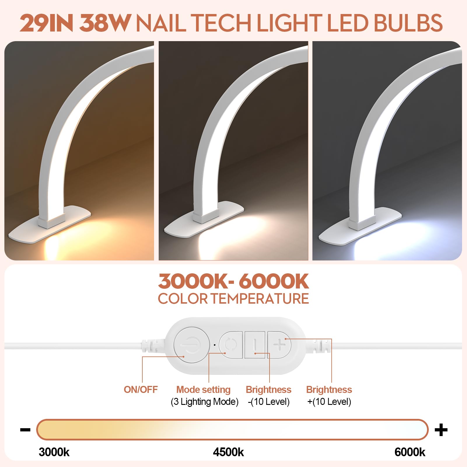SLYFTE nail desk light offers 3 color temps for precise shading during manicures.