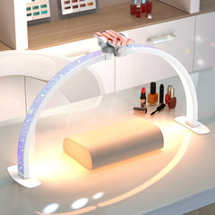 SLYFTE professional half-moon light 29in arch illuminates nail desk with shadow-free precision.