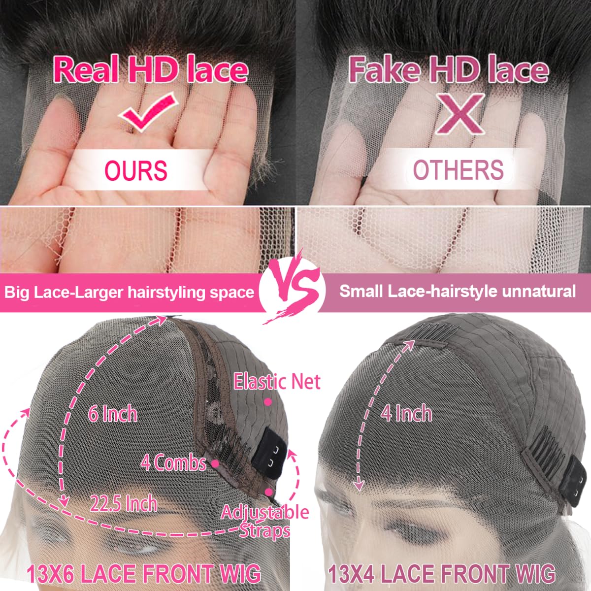Smabuity wig cap construction with adjustable straps and four combs for secure fit.