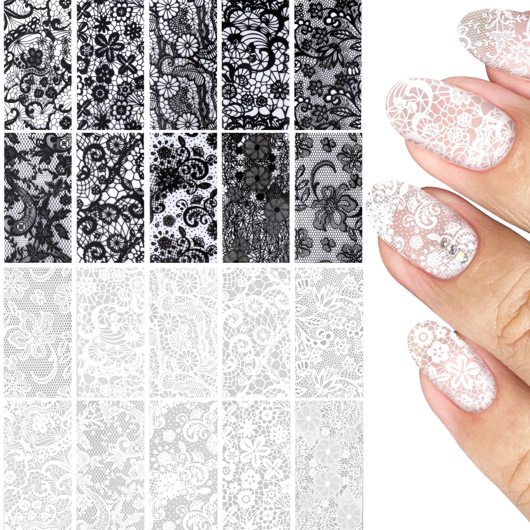 SmallCat hojas foil para uñas con encaje negro y blanco, acabado elegante.
