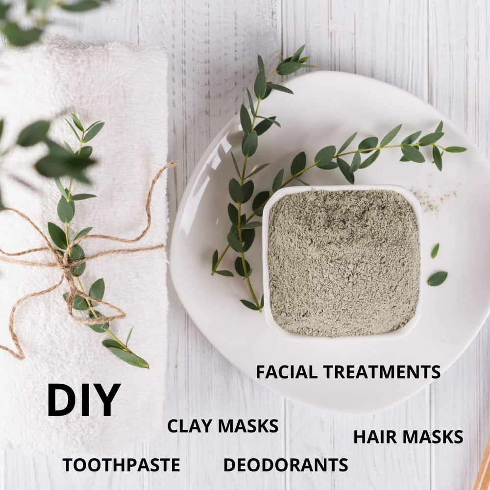 Texture closeup of SMART SOLUTIONS calcium bentonite clay shows fine powder ideal for masks