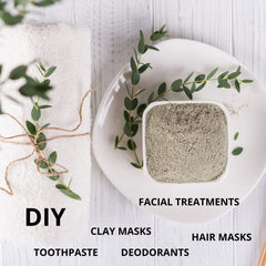 Texture closeup of SMART SOLUTIONS calcium bentonite clay shows fine powder ideal for masks