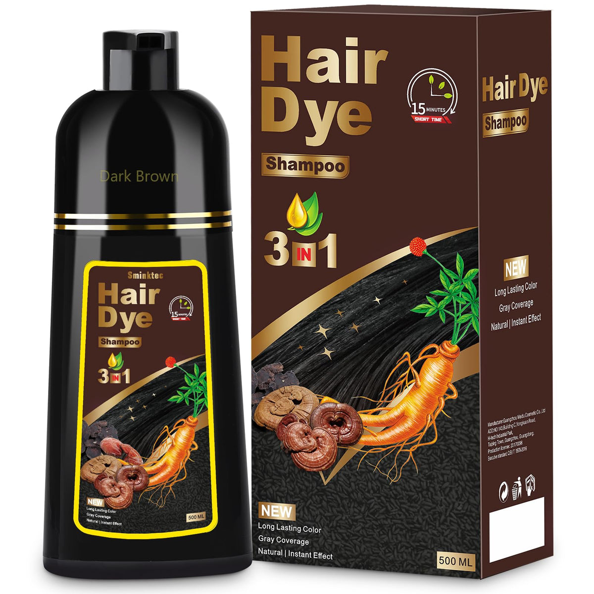 Sminktec 3in1 herbal dye shampoo bottle demonstrates convenient at-home color care.