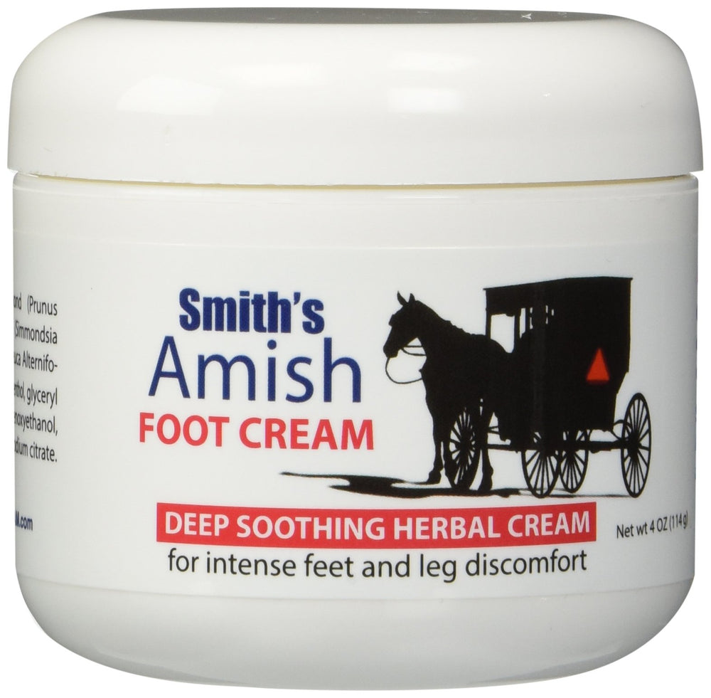 Smith's Amish Foot Cream bottle with rich texture suggesting cooling relief after long days