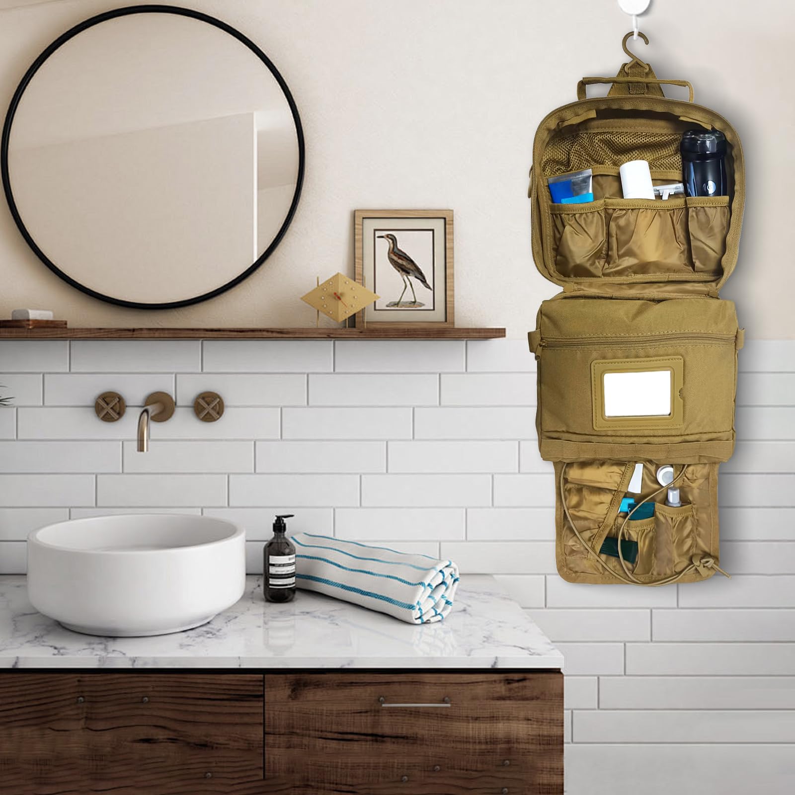 SMONT toiletry bag hanging hook shows hands-free use in hotels or campsites