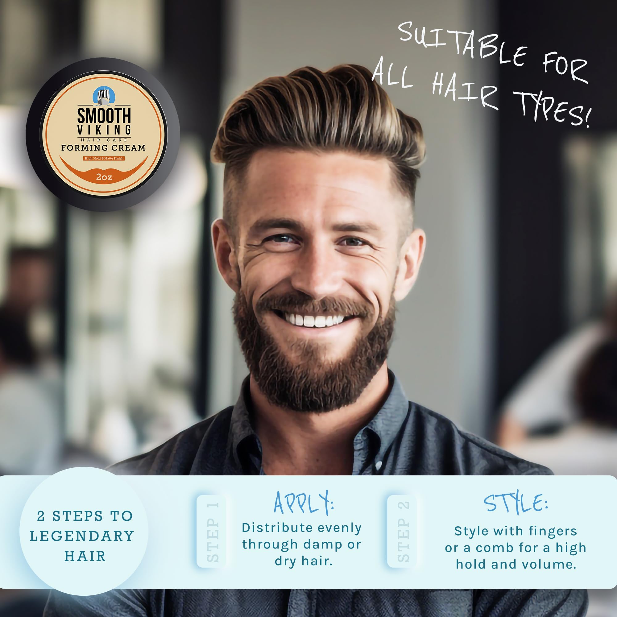Smooth Viking Forming Cream on textured hair demonstrates natural styling control.