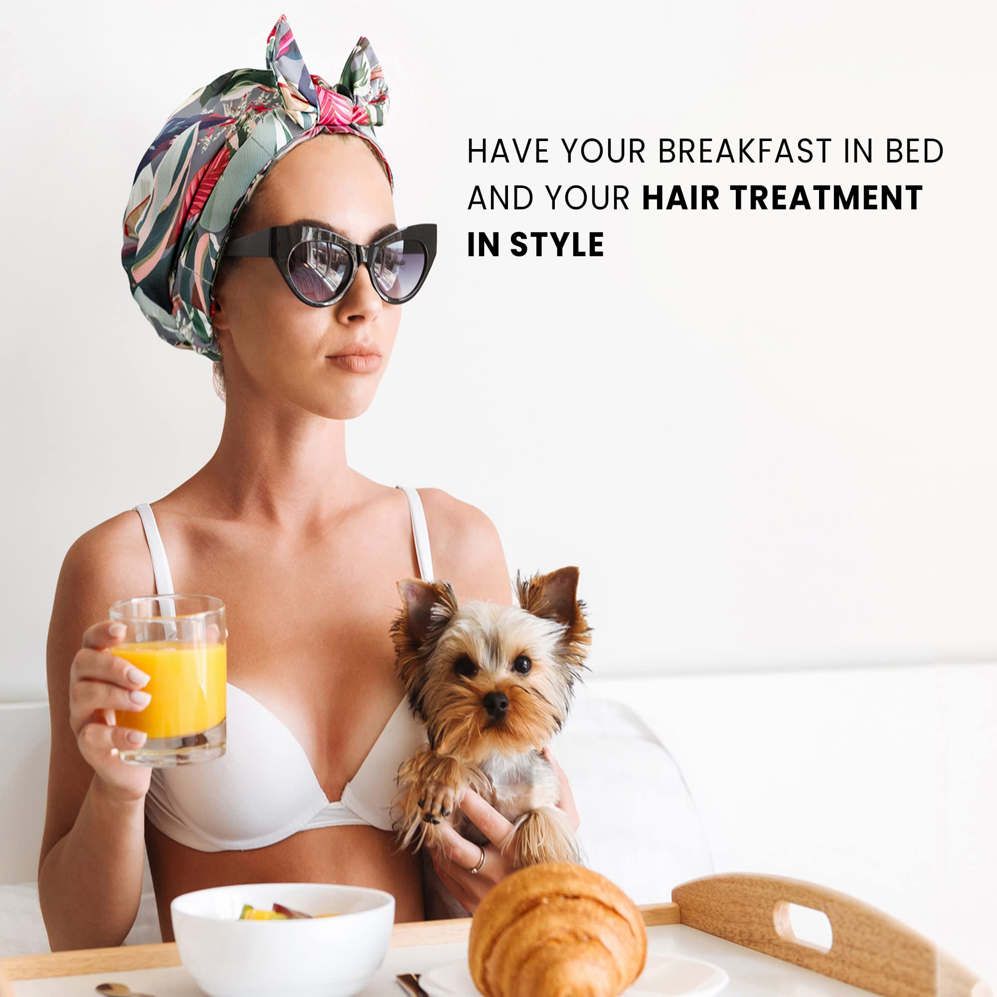 SMPL OBJECTS shower cap worn during blow-drying shows comfortable fit.