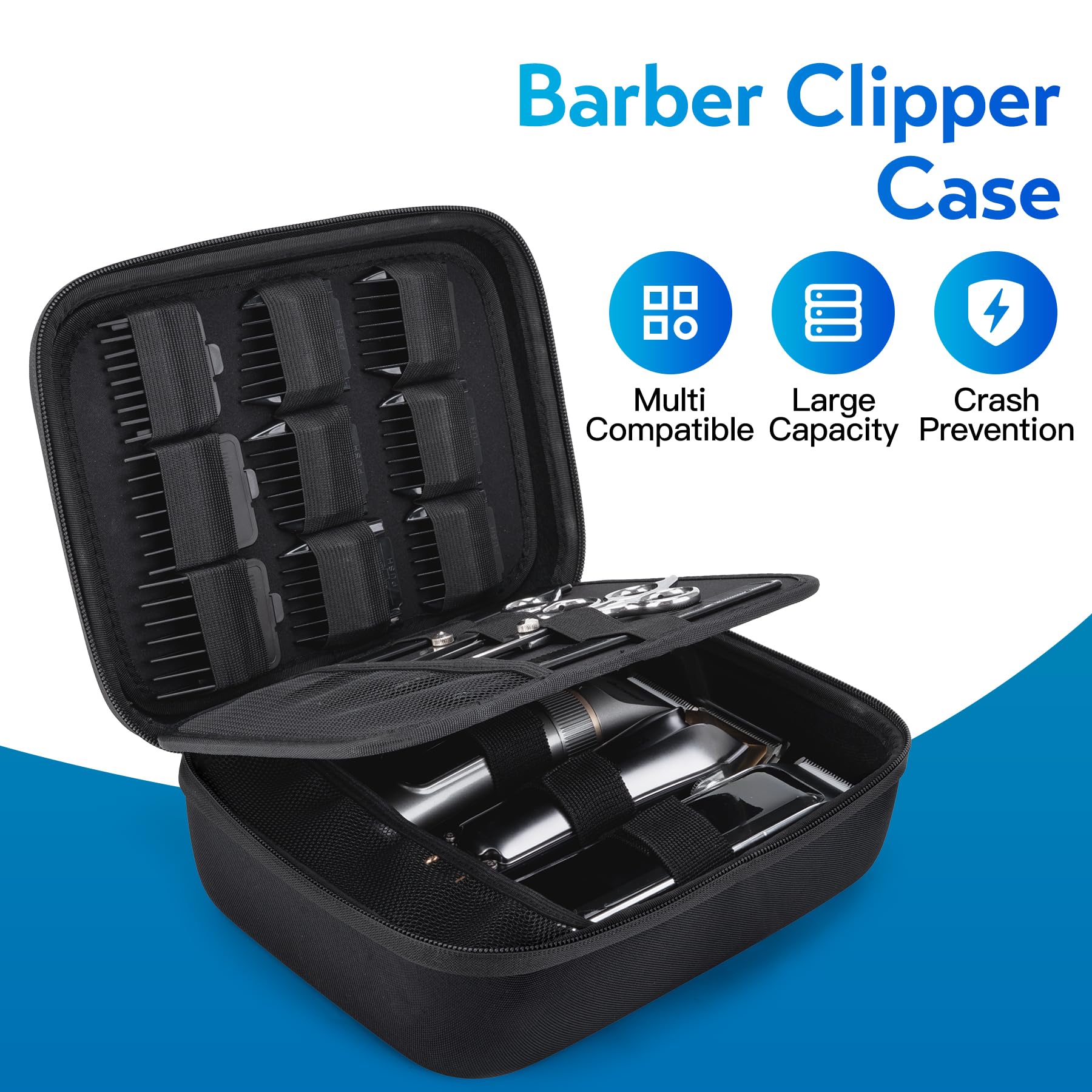 SMYV barber bags case inside-compartments highlight spacious pockets for guards, brush and oil.