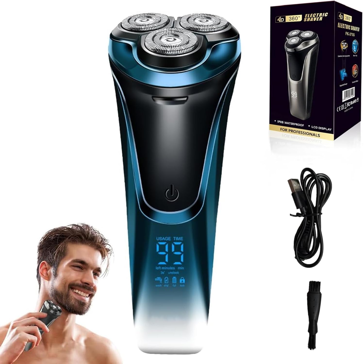 Snapbuy electric razor blue 4D head close-up shows precise contour tracking for a smooth shave