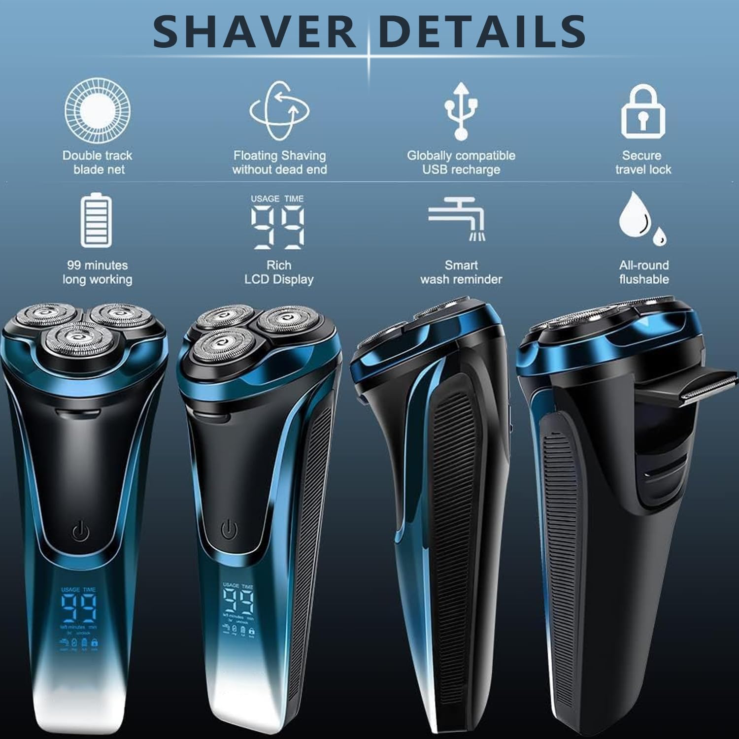 Snapbuy electric razor blue motor close-up emphasizes quiet, efficient performance