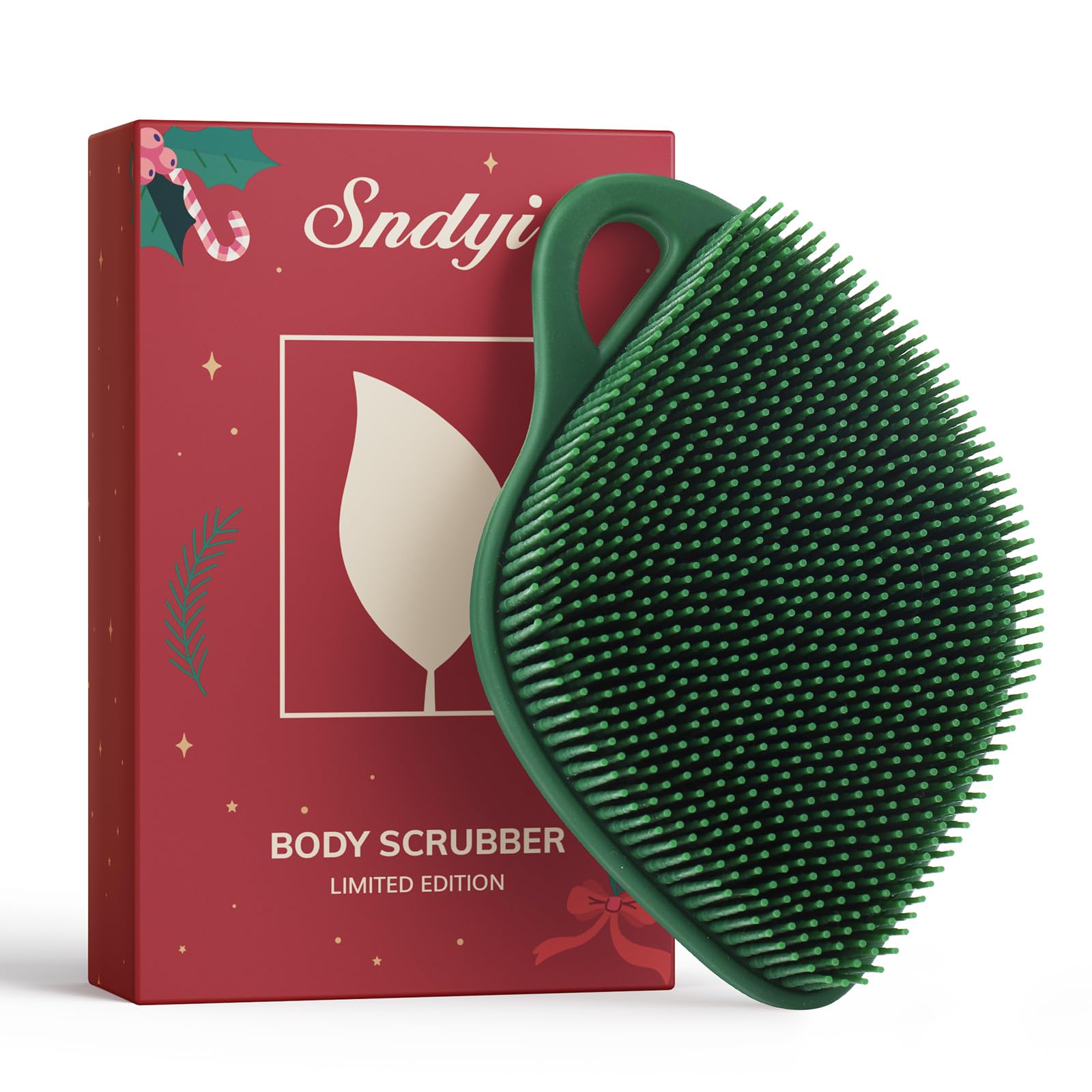 Sndyi Christmas leaf-shaped silicone scrubber in festive packaging, ideal for gifting.