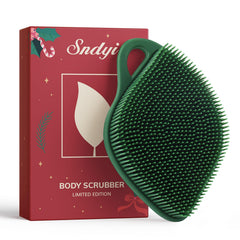 Sndyi Christmas leaf-shaped silicone scrubber in festive packaging, ideal for gifting.