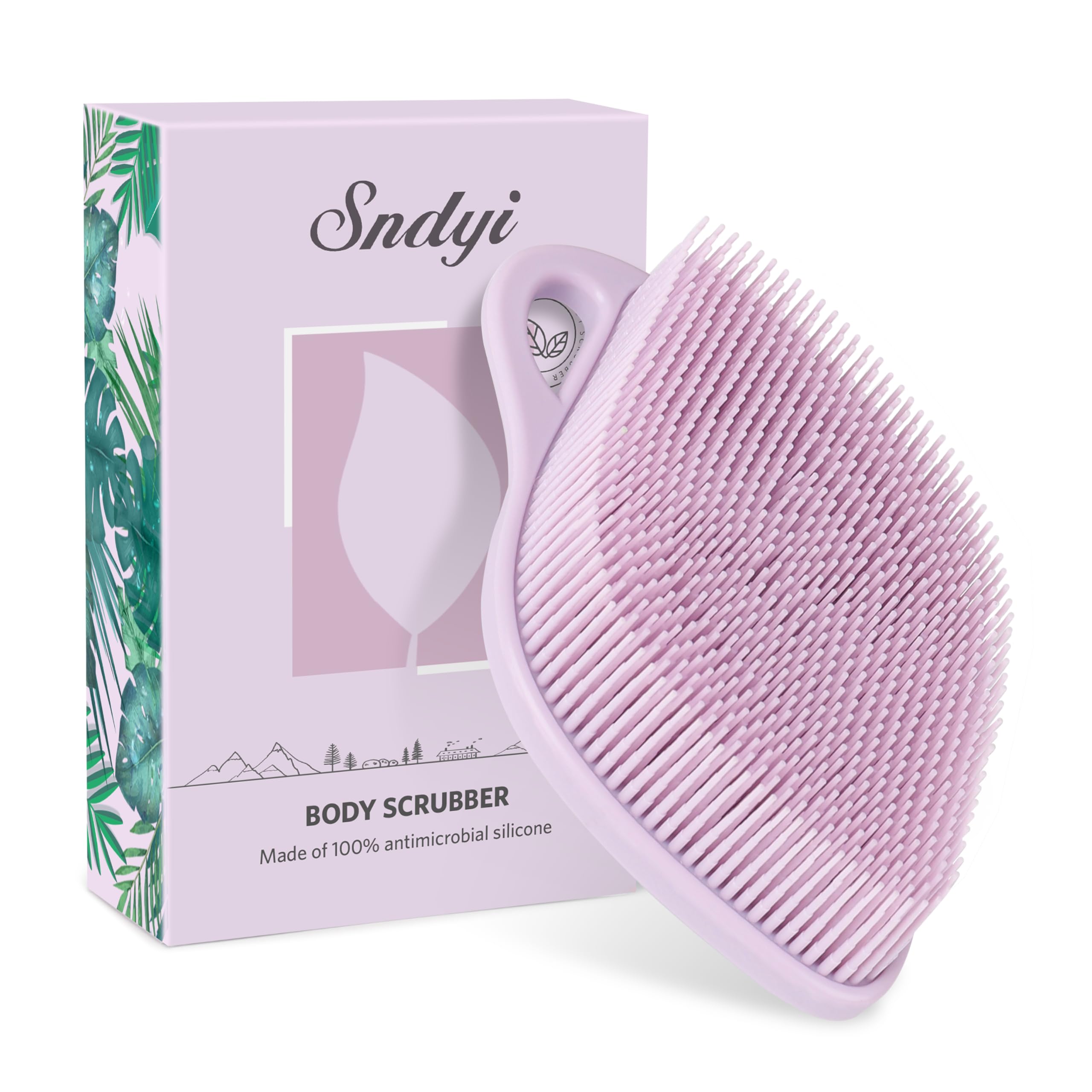 Sndyi leaf-design silicone body scrubber enhances grip and aesthetics.