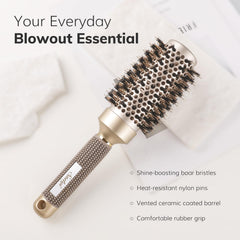 Sndyi round brush boar bristles close-up to reduce frizz and add shine.