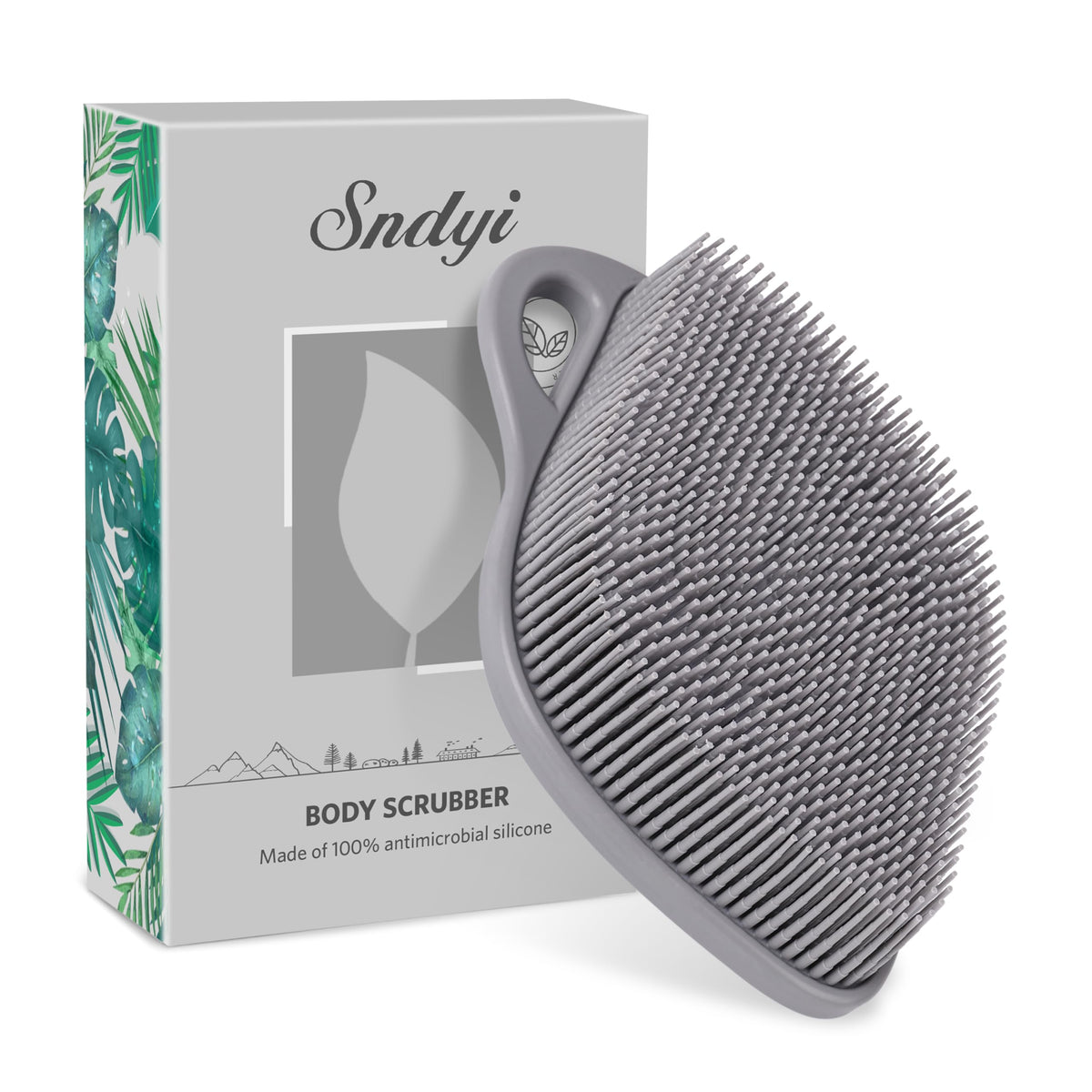 Sndyi silicone body scrubber with leaf design offers ergonomic grip for gentle exfoliation.