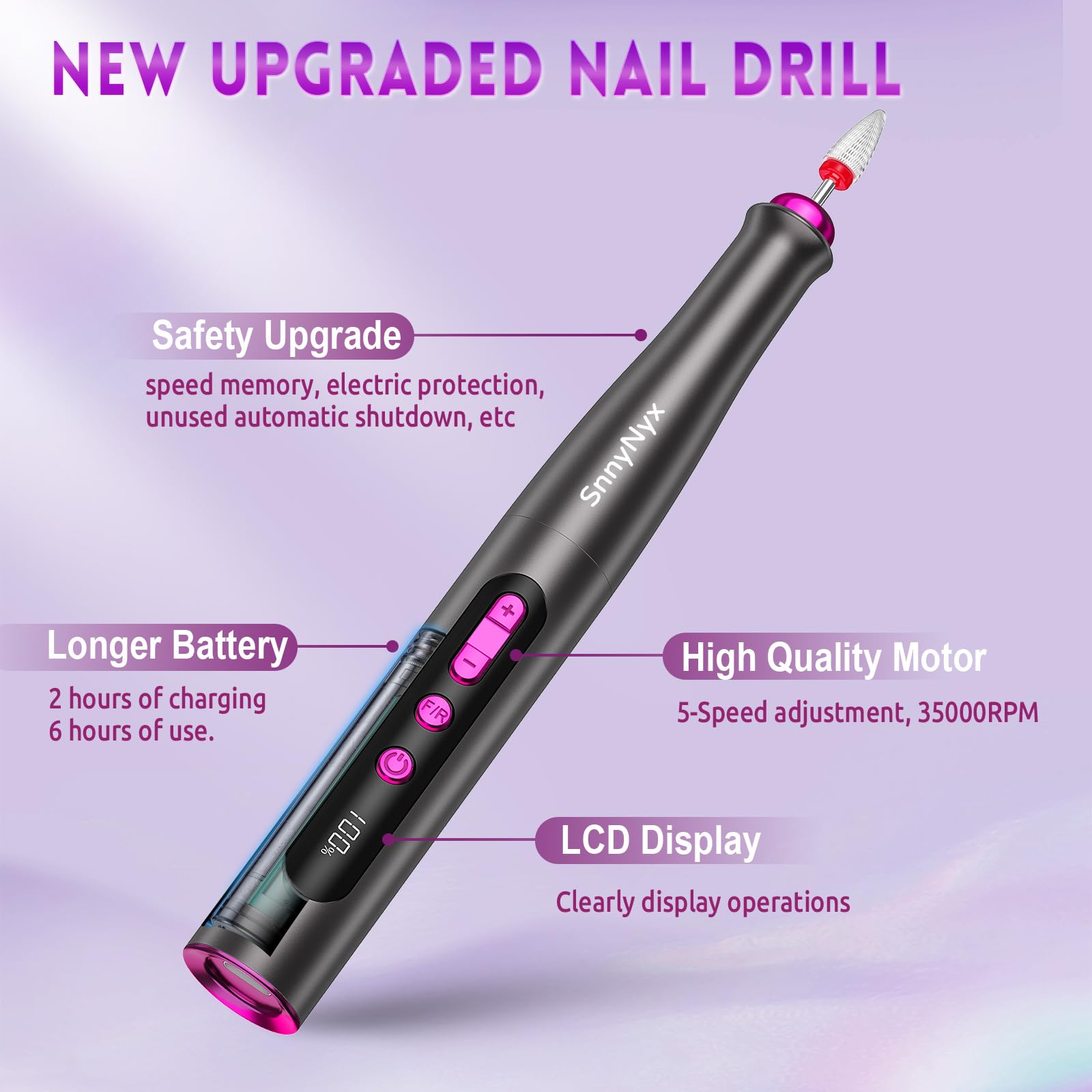 SnnyNyx cordless rechargeable nail drill for on-the-go filing and shaping.