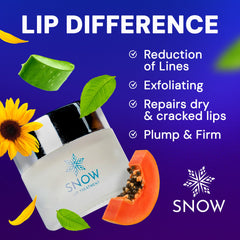 SNOW olea fruit oil and euchroma root image signals antioxidant support for dry lips.