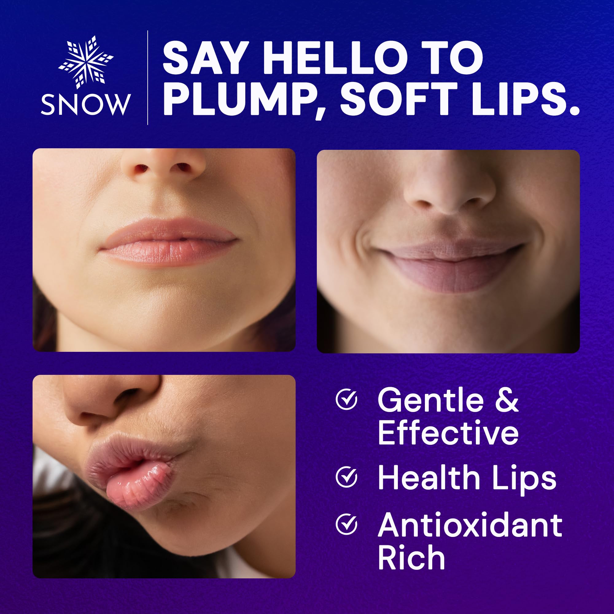 SNOW Vitamin E infusion closeup highlights subtle plumpness and nourished lips.