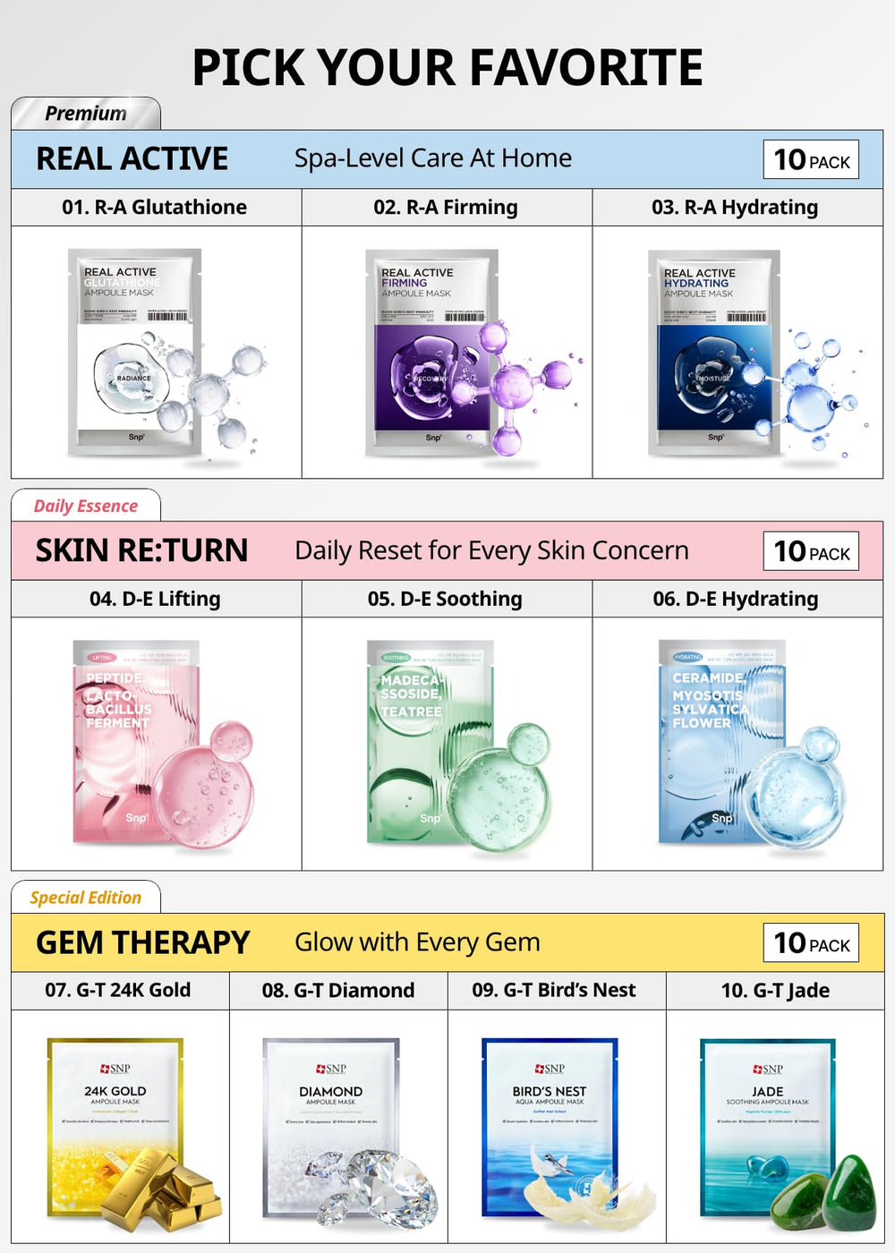 SNP 24K gold ampoule sheet mask on face shows glow and hydration potential.