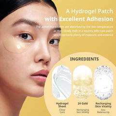 SNP under-eye patch application image showing tightening and brightening effects.