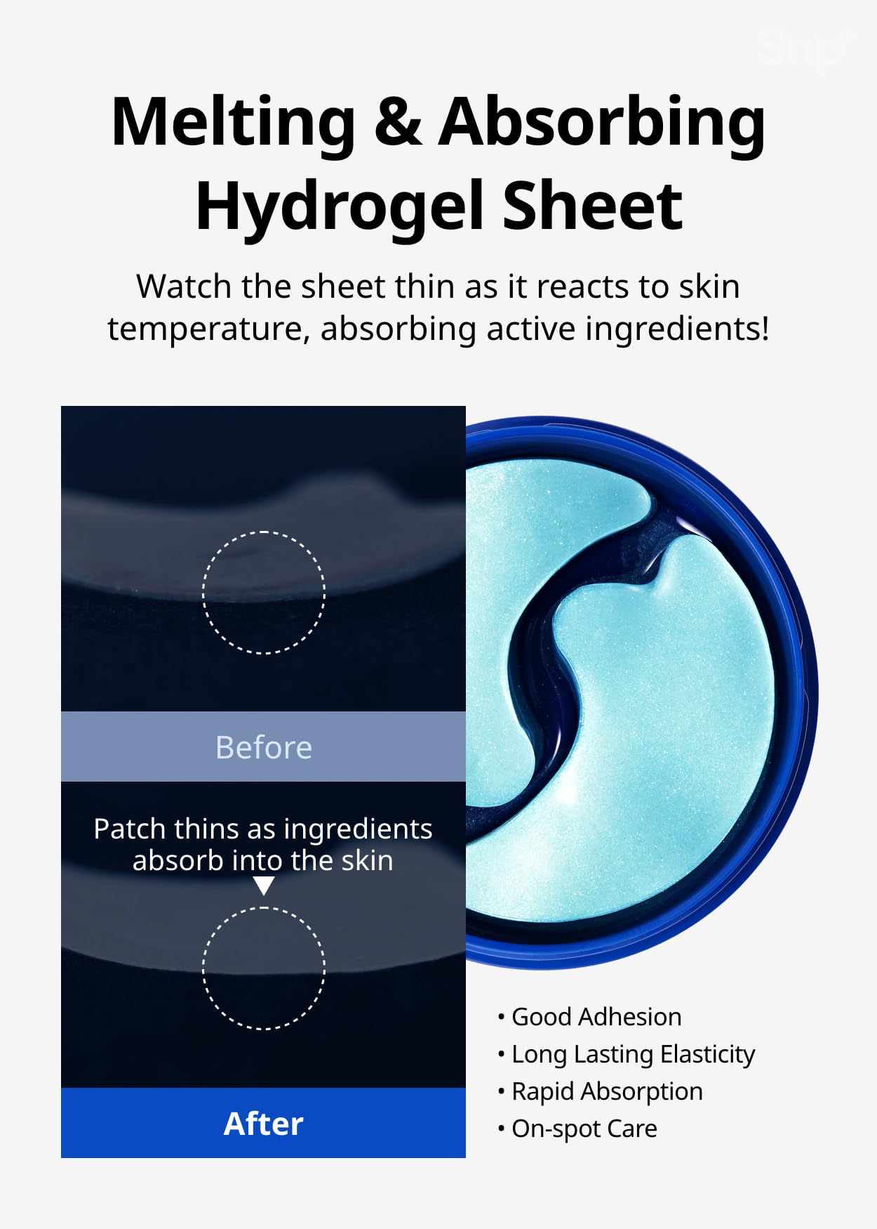 SNP eye patch cooling effect emphasizes quick relief from under-eye puffiness.