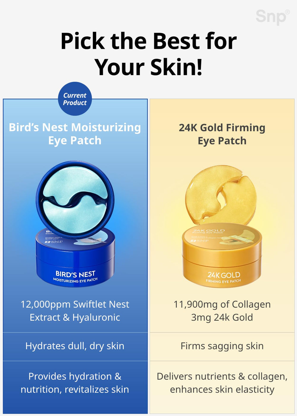 SNP eye patch hyaluronic acid boost emphasizes intense hydration and skin plumpness.