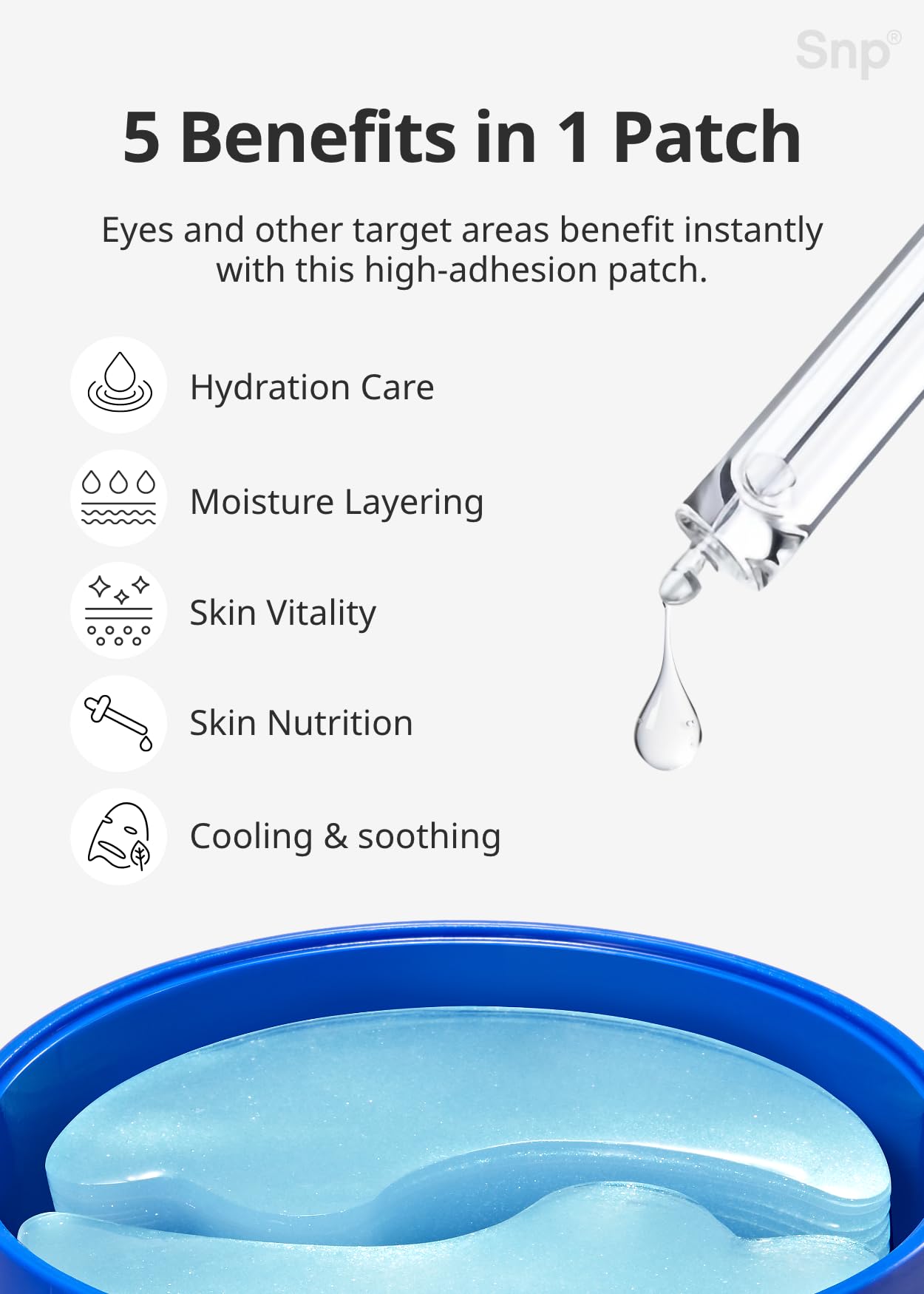 SNP eye patch hydrogel close-up reveals smooth texture for deep hydration.