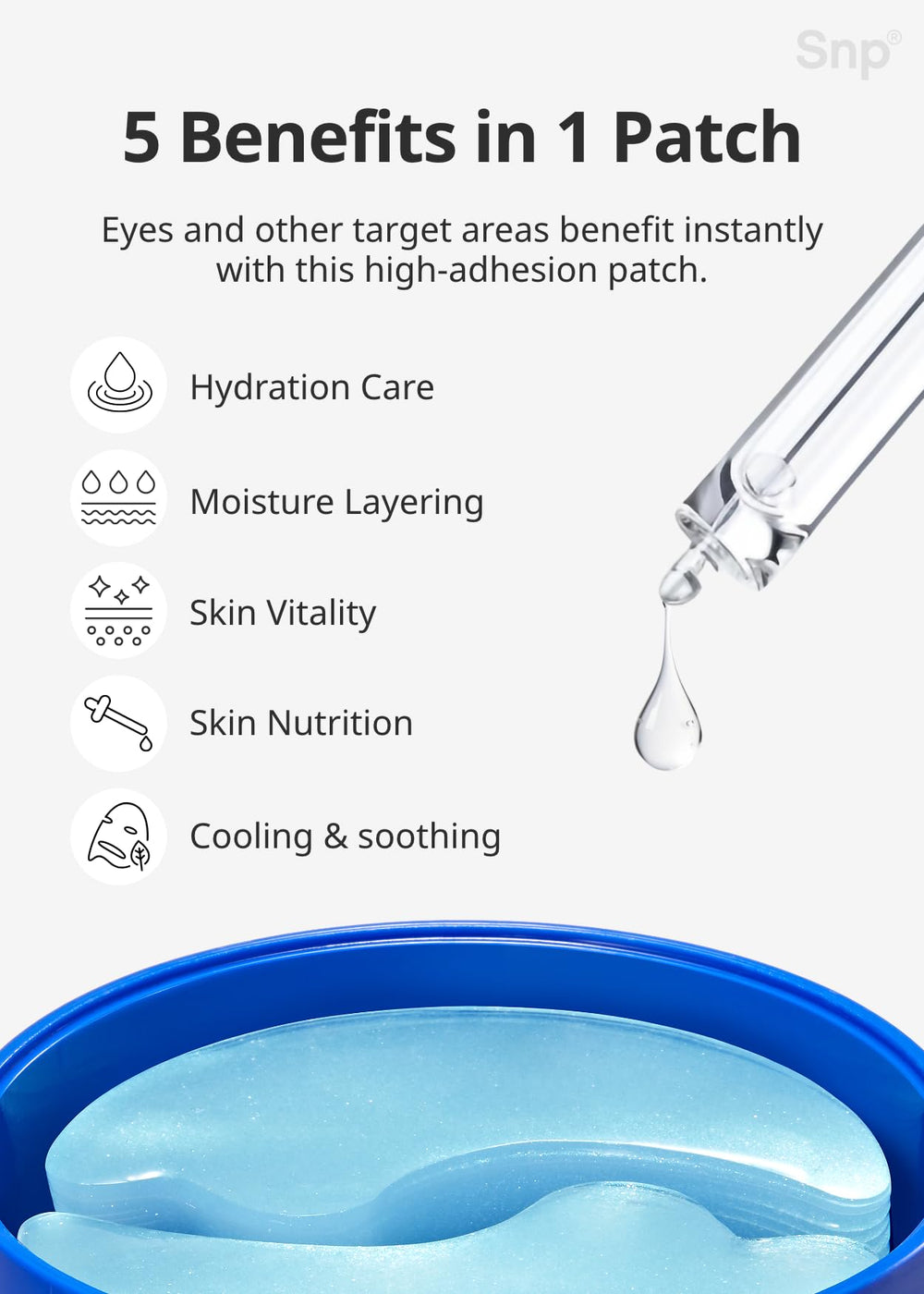 SNP eye patch hydrogel close-up reveals smooth texture for deep hydration.