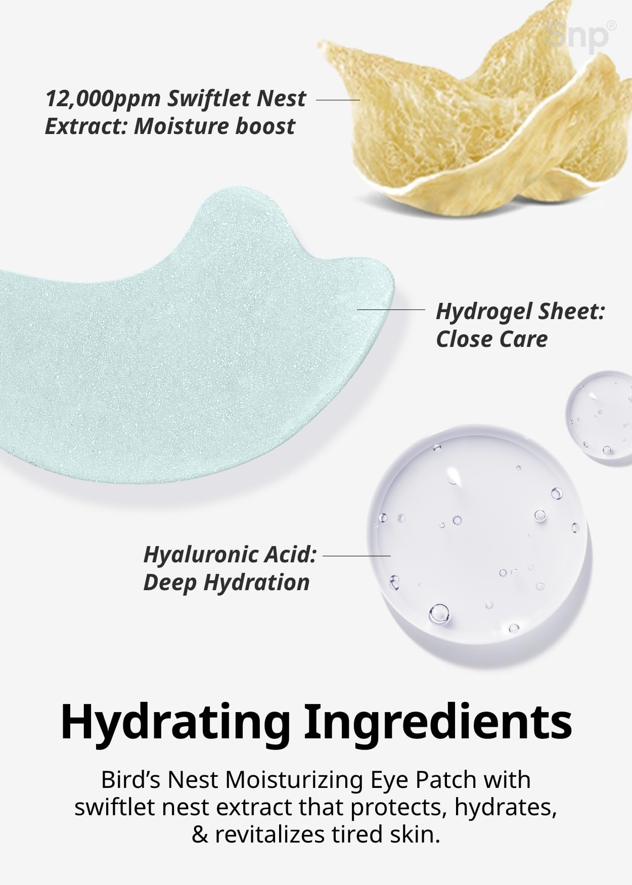 SNP eye patch applied under-eye area demonstrates cooling and smoothing effects.
