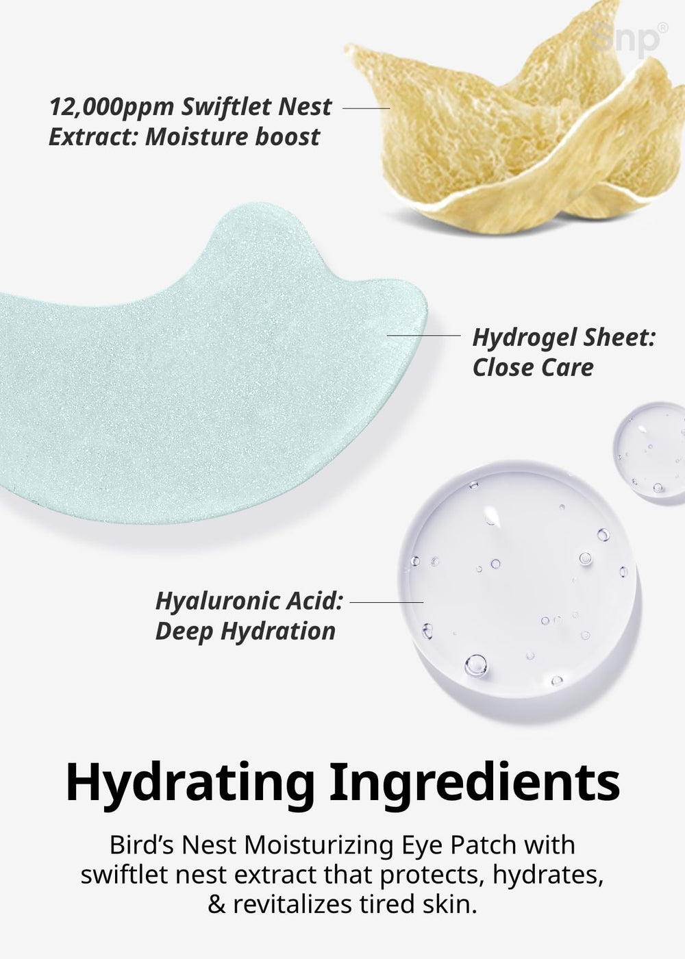 SNP eye patch applied under-eye area demonstrates cooling and smoothing effects.