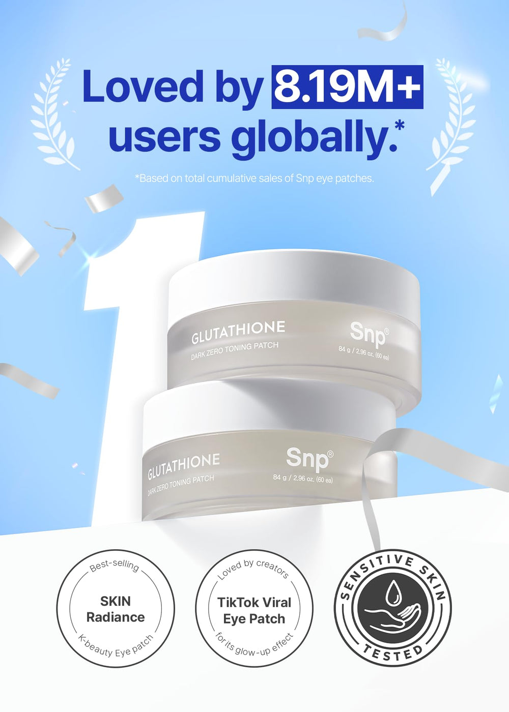 SNP 99% Glutathione eye patch applied under the eyes for refreshed look.
