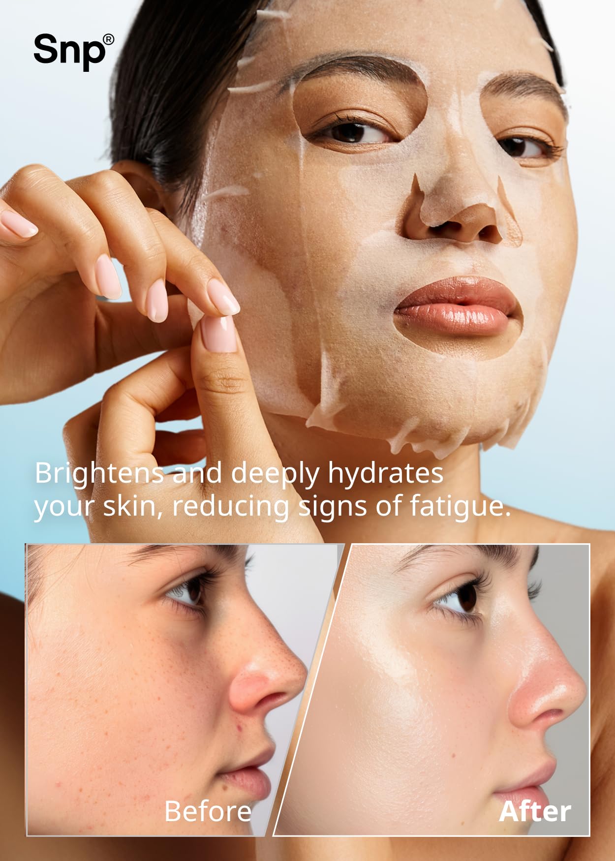 SNP Hyaluronic Acid essence drops on sheet mask illustrate deep hydration delivery
