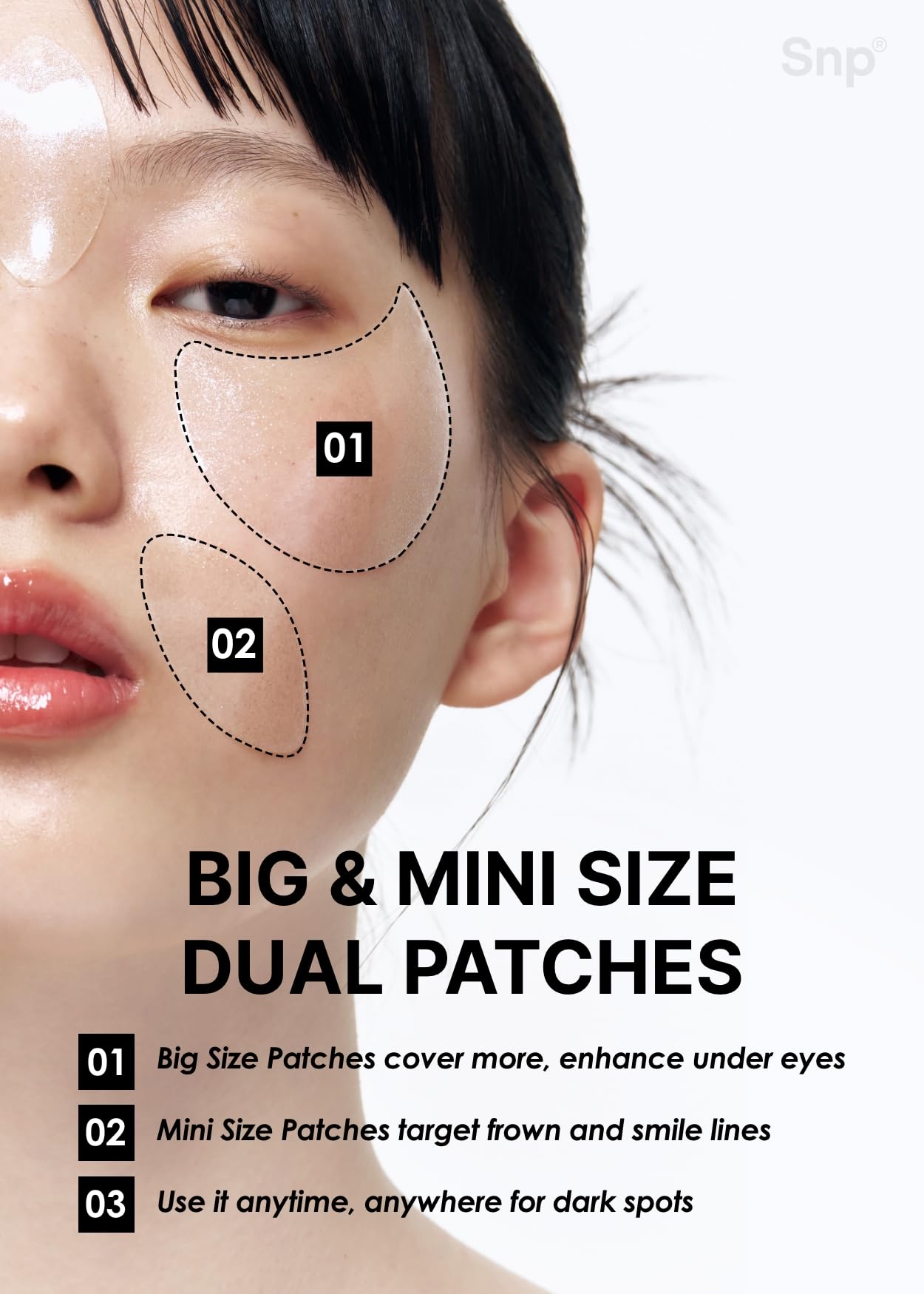 SNP eye patch applies under eyes to target dark circles and blemishes.