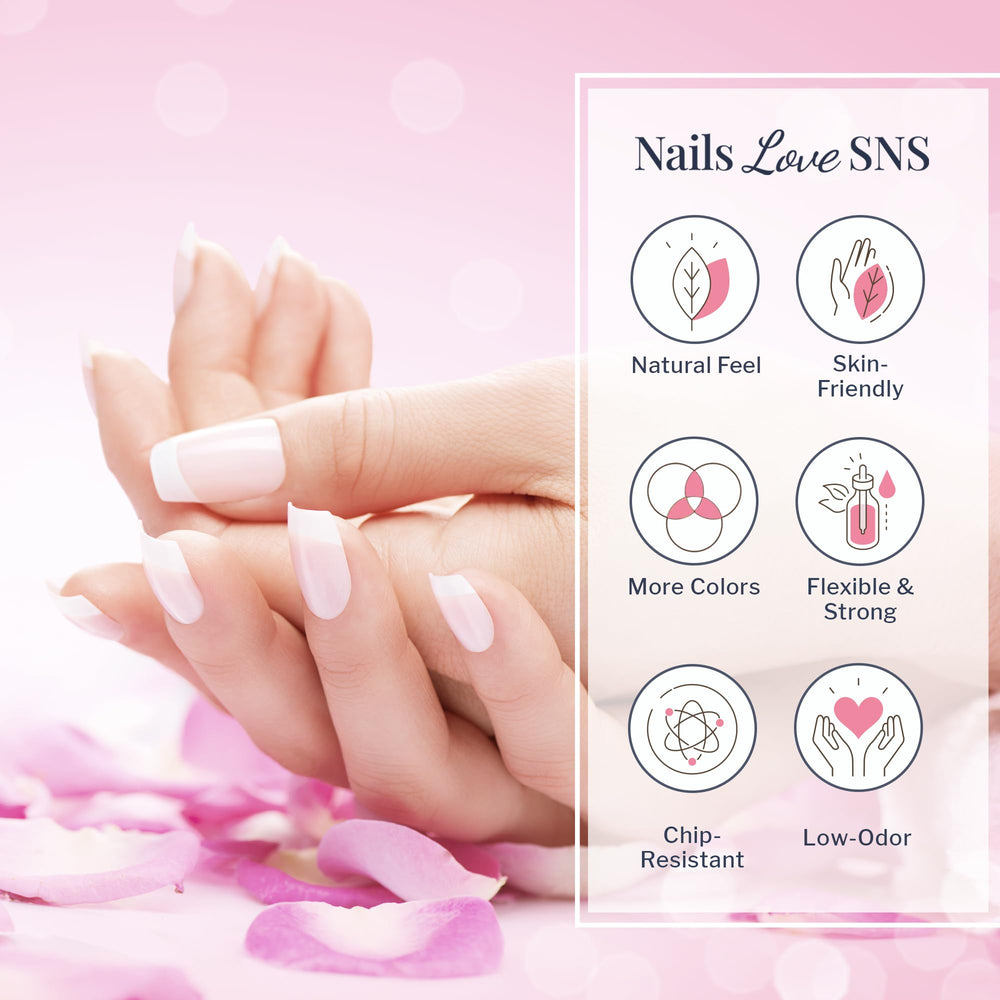 SNS Nails foundation powder and base coat close-up: creates a strong base for durability.