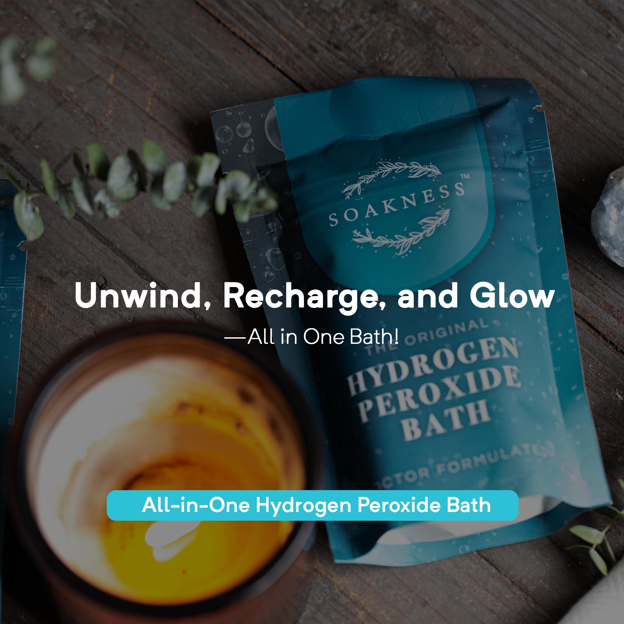 Soakness oxygenation pour highlights enhanced bath oxygenation and cleansing.