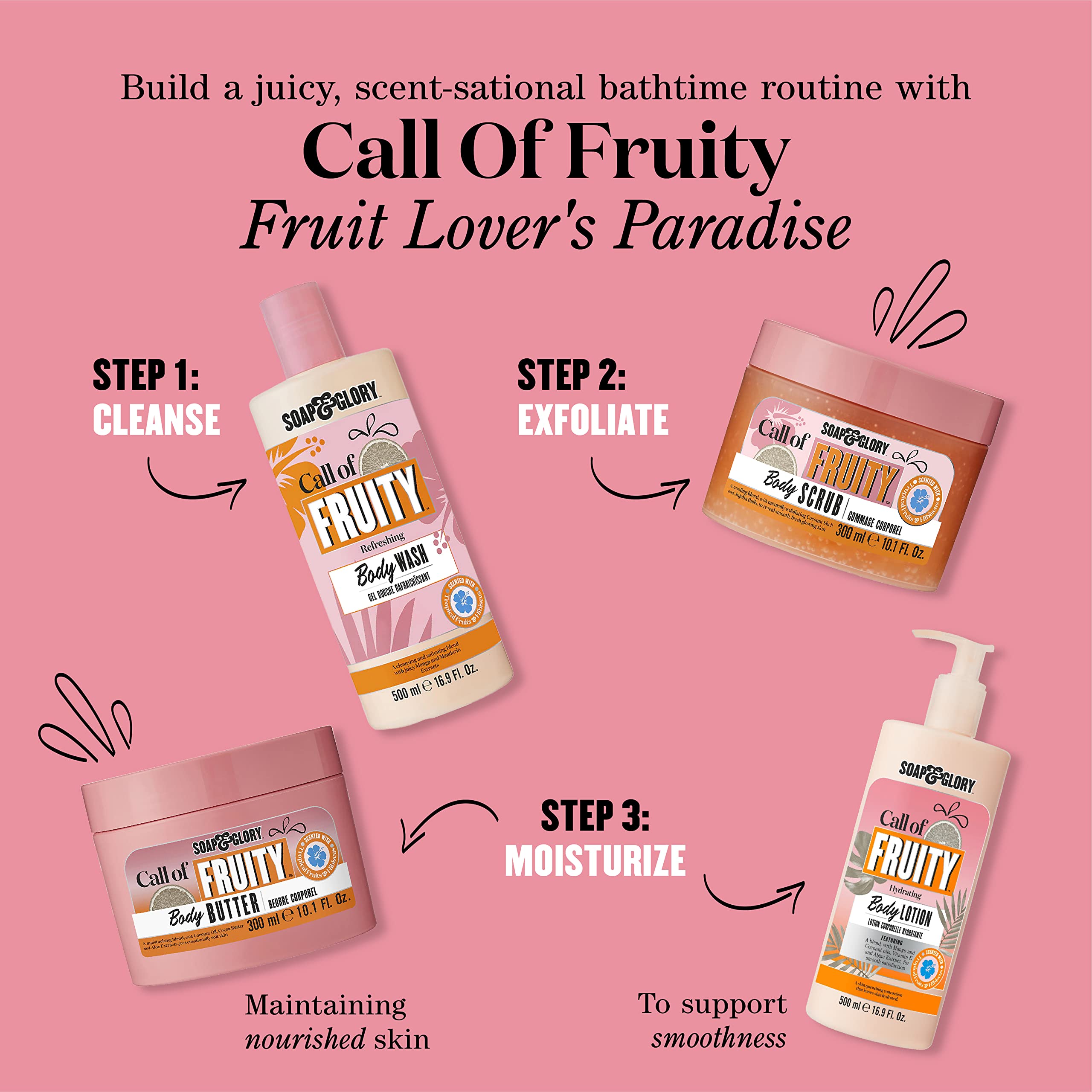 Soap and Glory Call of Fruity 500ml packaging shown on shelf