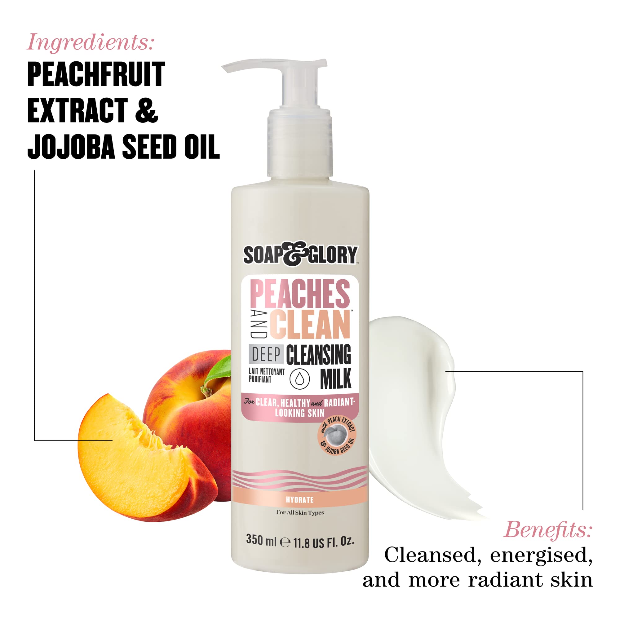 Soap & Glory Peaches & Clean cleansing milk ingredients include peach, ginseng extracts and jojoba oil