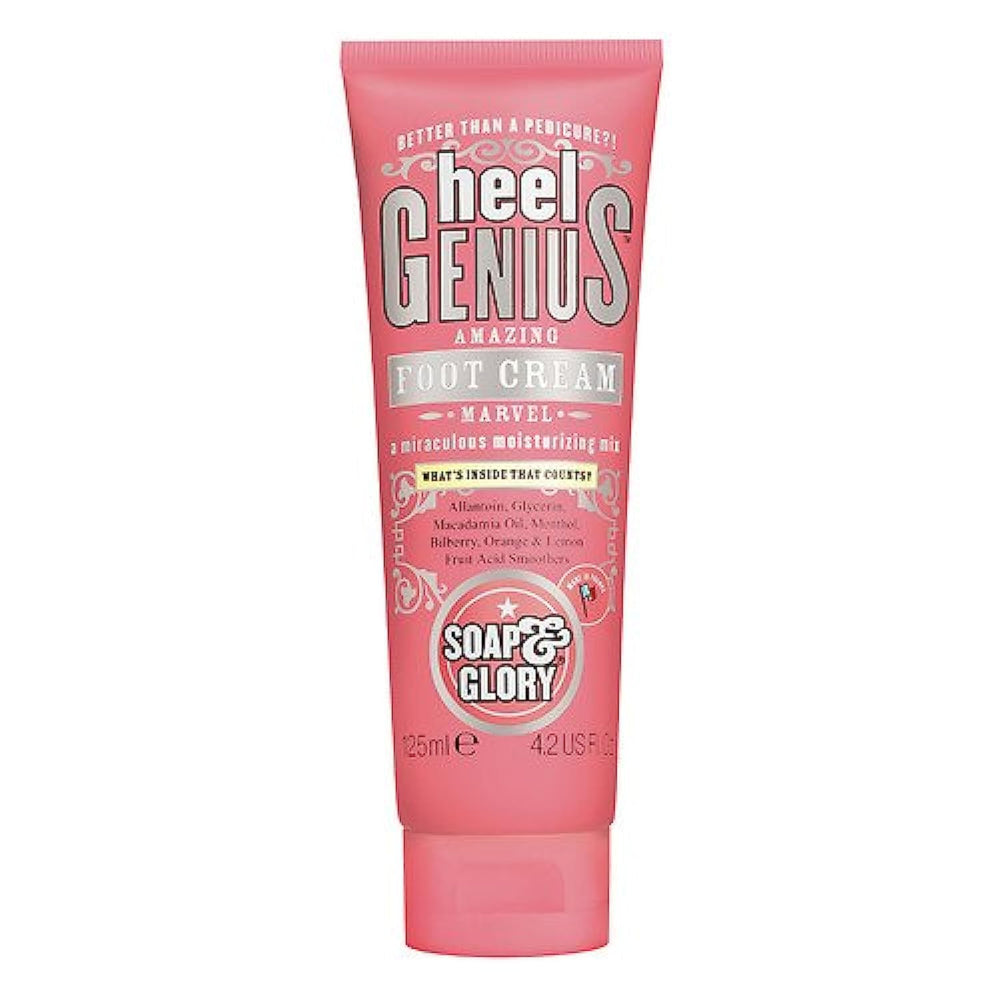 Soap & Glory Heel Genius cream jar close-up demonstrates deep hydration for dry, cracked heels.