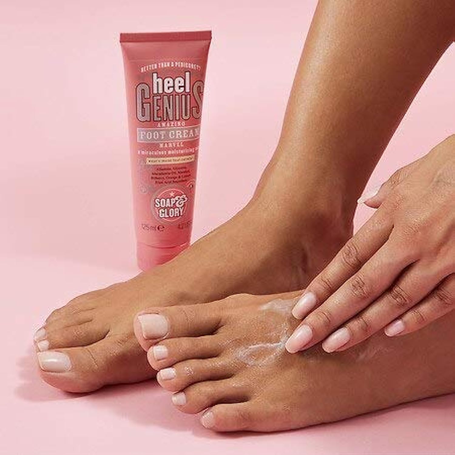 Soap & Glory Heel Genius foot-care routine image highlights smoothing application on tired feet.