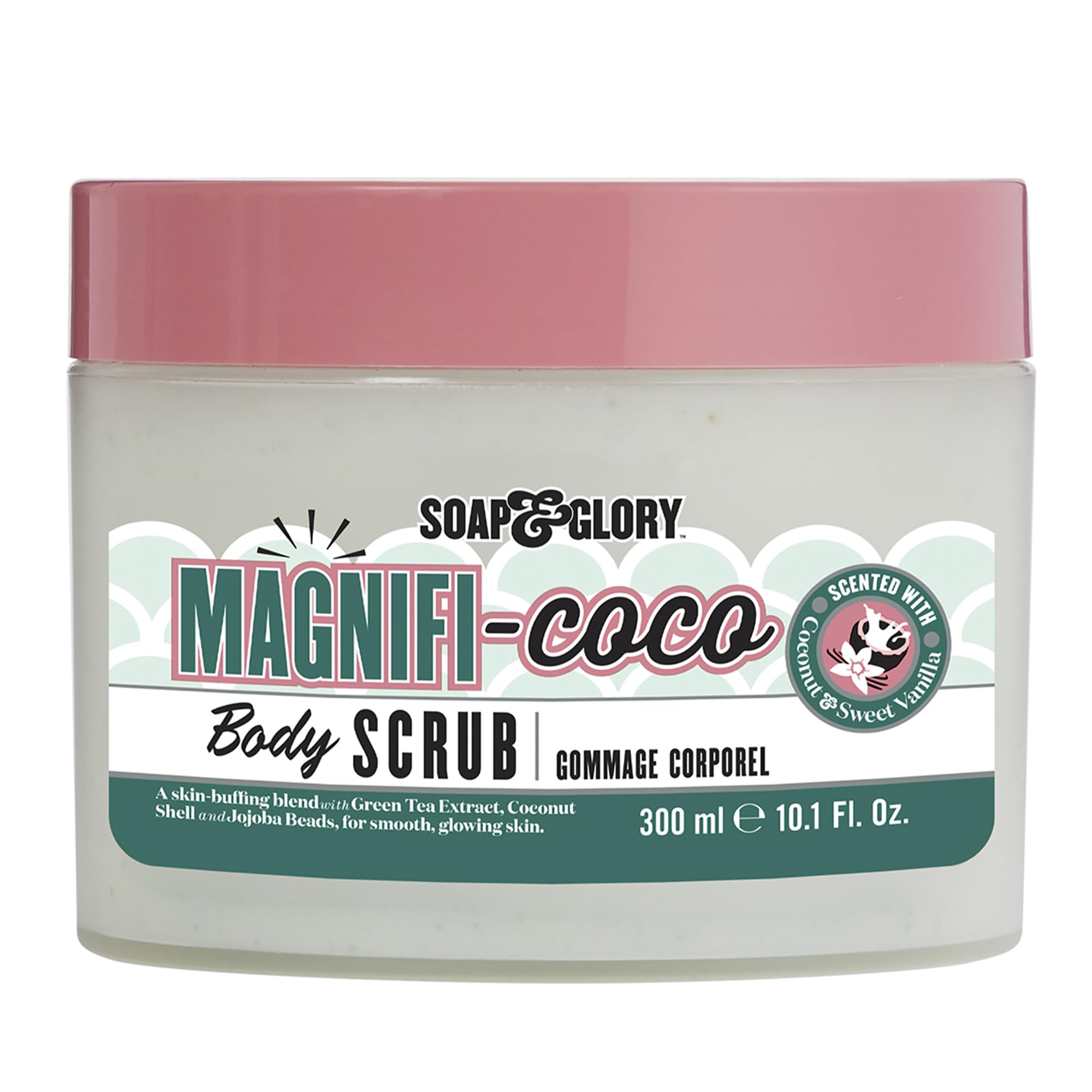 Soap & Glory Magnificoco Buff and Ready bottle front; tropical coconut scent for a refreshing shower.