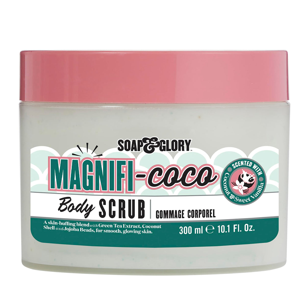 Soap & Glory Magnificoco Buff and Ready bottle front; tropical coconut scent for a refreshing shower.