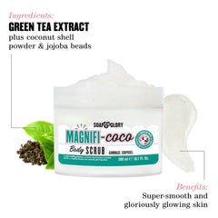 Soap & Glory Magnificoco Buff and Ready coconut shell powder detail for natural exfoliation.