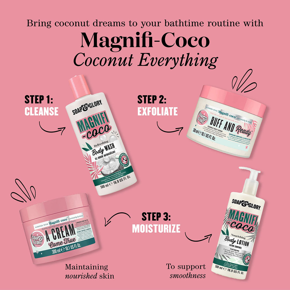 Soap & Glory Magnificoco Buff and Ready foot exfoliation use shown for versatile smoothing.