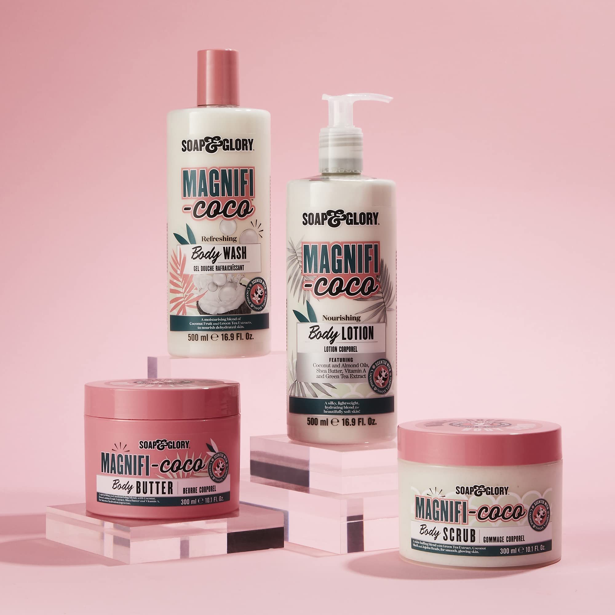 Soap & Glory Magnificoco Buff and Ready green tea extract hints at brightening and soothing skin.