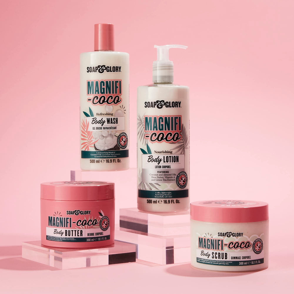 Soap & Glory Magnificoco Buff and Ready green tea extract hints at brightening and soothing skin.