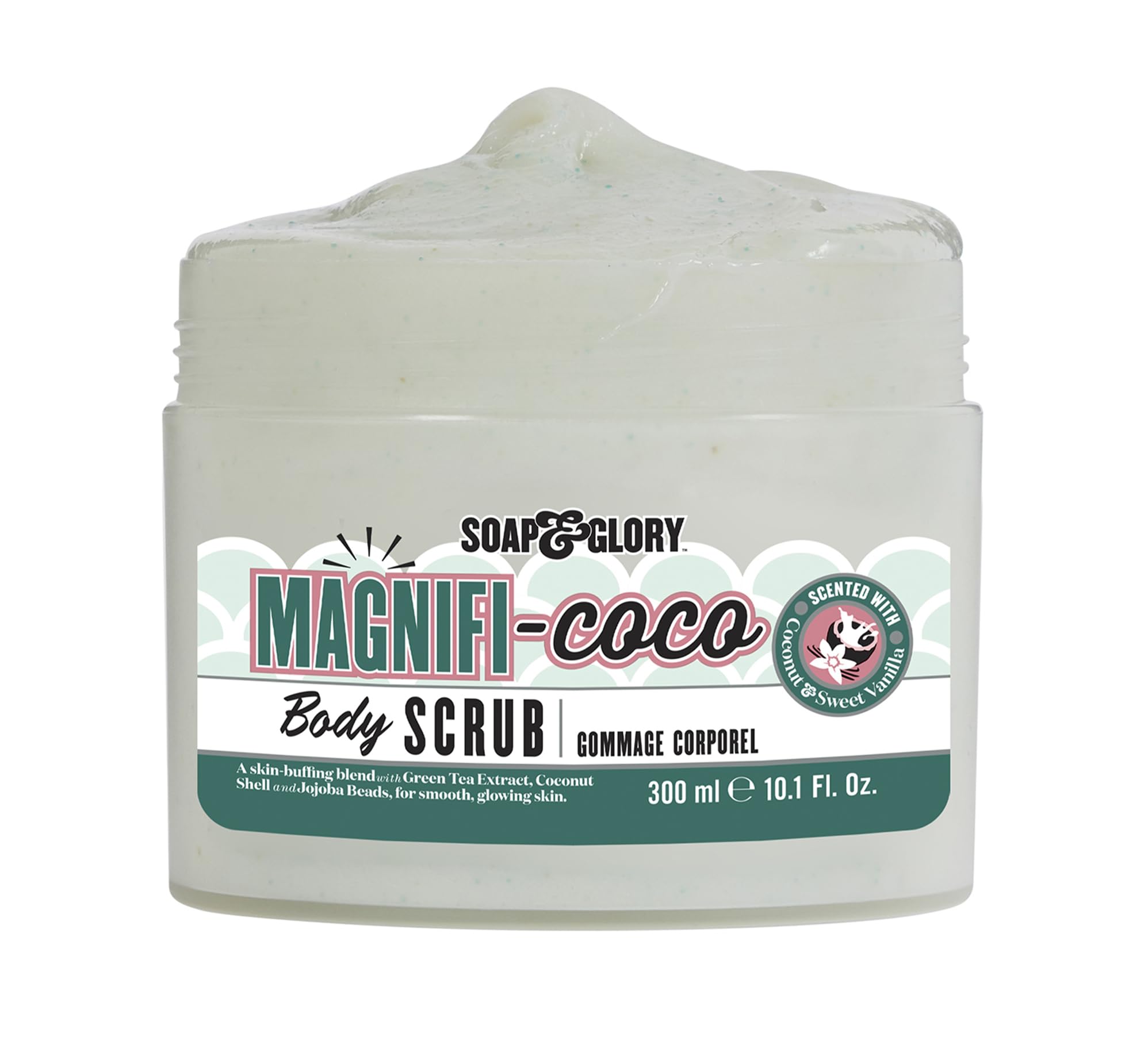 Soap & Glory Magnificoco Buff and Ready jar closeup highlighting creamy scrubbing texture.