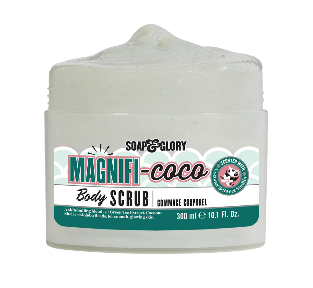 Soap & Glory Magnificoco Buff and Ready jar closeup highlighting creamy scrubbing texture.
