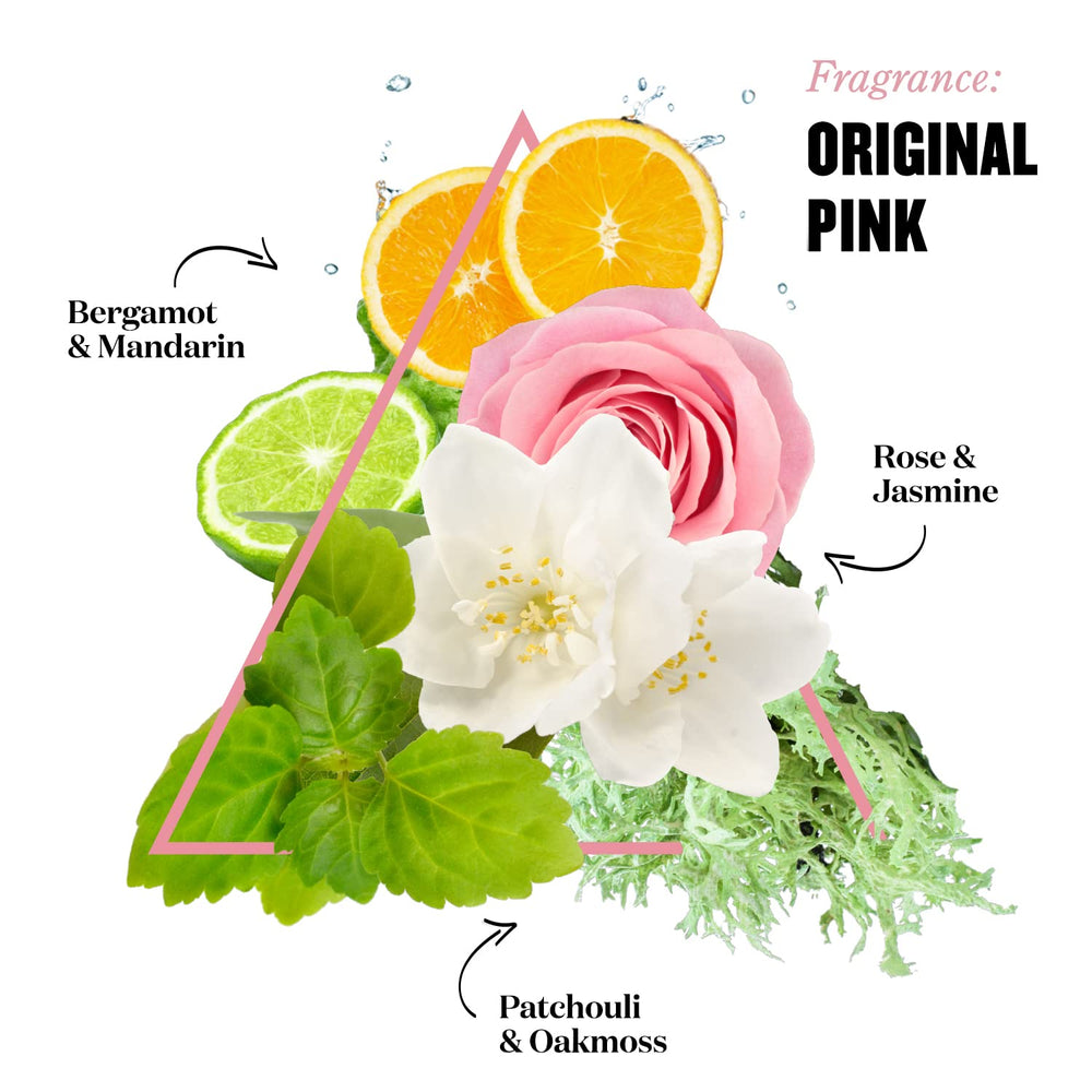 Soap & Glory Original Pink shower ambience shot suggests spa-like routine and lasting fragrance.